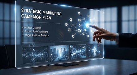 Businessman analyzing strategic marketing campaign on futuristic screen
