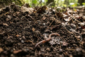 An earthworm moves through dark, moist soil filled with dry leaves in a forest. Sunlight filters through the trees, highlighting the natural environment