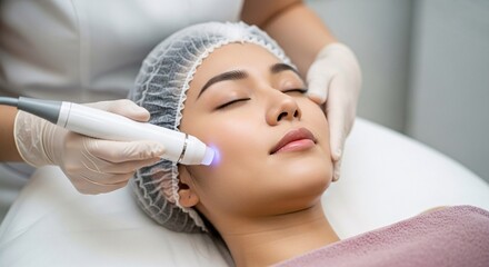 Skincare Treatment in Progress at Modern Clinic Woman Receiving Facial Care with LED Light Therapy in a Clinical Environment