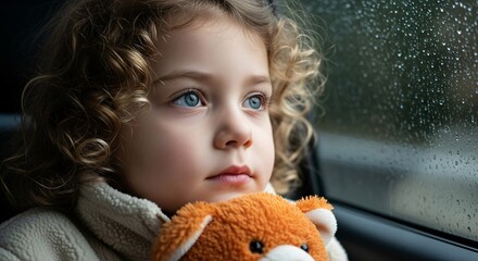 Young girl with curly hair looking out of a rainy car window holding a plush toy and experiencing a reflective moment on a gloomy day for emotional storytelling or family travel themes