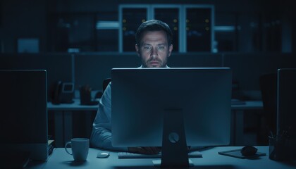 Focused Professional IT Specialist Working Late at Night on Computer in Dark Modern Office