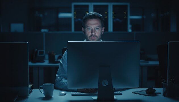 Focused Professional IT Specialist Working Late at Night on Computer in Dark Modern Office - Powered by Adobe