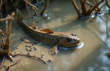 Mudskipper fish rests on muddy ground near mangrove roots. Small amphibious creature with bulging eyes sits in shallow water. Wild animal adapts to coastal wetland environment. Unique fish survives