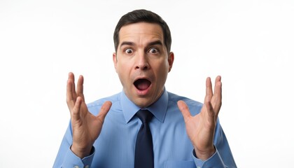 Fototapeta premium Shocked Businessman in Blue Shirt and Tie Expressing Surprise and Amazement on White Background