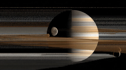 Astronomy graphic of a striped planet with orbiting moons, illustrating celestial motion, cosmic structure, and the beauty of space in a vivid and scientific visualization