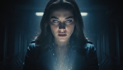 Sci-Fi Portrait of a Mesmerized Woman with Glowing Digital Data Eyes and Particle Effects