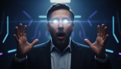 Man with Glowing Eyes Experiencing Futuristic Digital Reality and Artificial Intelligence