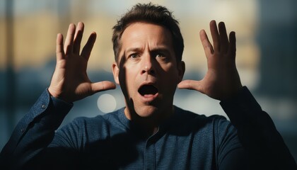 Shocked Middle-Aged Man with Surprised Expression and Hands Raised Reacting to Incredible News