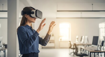 Woman in office using virtual reality headset for innovative work solutions