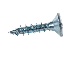 Close-up of a single, shiny silver wood screw against a solid black background