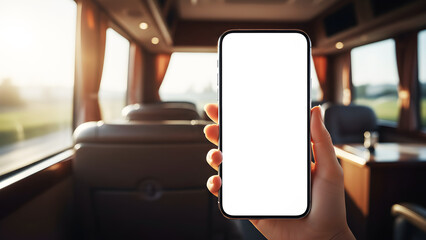 Hand holding mobile phone with blank white screen mockup for app design presentation inside a luxury tourist bus coach during premium travel journey passenger using digital device.
