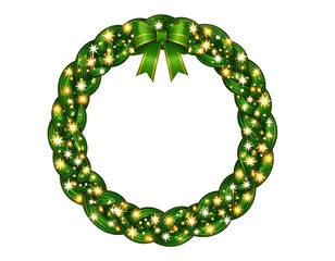Braided evergreen wreath with twinkling lights and a green bow on a white background