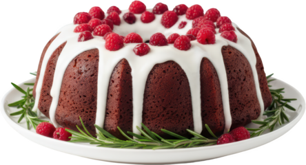 A rich dark chocolate bundt cake with thick white icing drizzled down the sides topped generously with fresh red raspberries and served on a white plate with rosemary sprigs