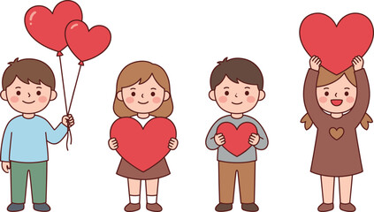 Happy children holding red heart balloons expressing love friendship kindness Valentine celebration cute cartoon illustration vector isolated white background