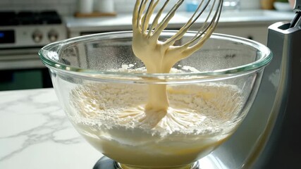 Baking Bliss: An intimate close-up showcases the magic of baking, capturing the delicate dance of a whisk mixing batter in a pristine glass bowl, all set against the backdrop of a modern kitchen.