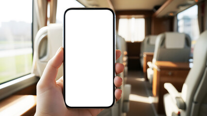 Hand holding mobile phone with blank white screen mockup for app design presentation inside a luxury tourist bus coach during premium travel journey passenger using wireless digital web.
