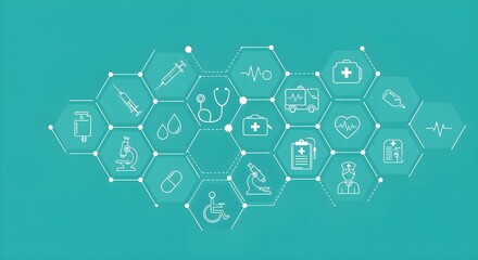 Connected Medical and Healthcare Vector Line Icons Set in Hexagonal Grid on Green Background