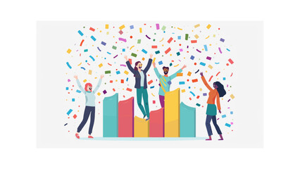 People celebrating success on bar graph with confetti falling in a joyful and celebratory scene