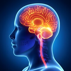 3D Render of Human Head Profile with Glowing Active Brain and Spinal Cord