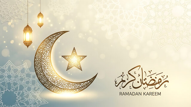 Ramadan Kareem greeting card with crescent moon and star.