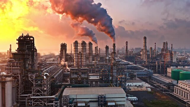 Aerial shot of an oil refinery and chemical plant industrial complex with smoke stacks emitting smoke, causing air pollution.
