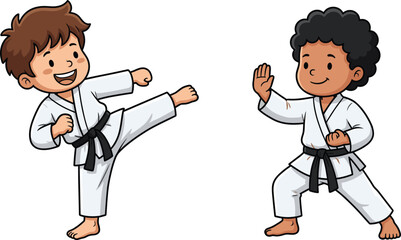 Kids practicing karate martial arts illustration, smiling boys in white gi performing kicks and stances, children sports cartoon vector