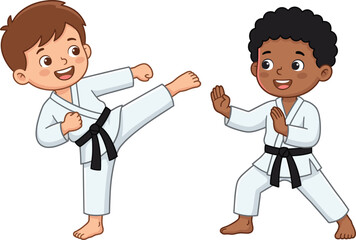 Kids practicing karate martial arts illustration showing boys in white gi uniforms performing kick and defense training
