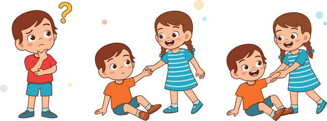 Kids showing problem solving and helping behavior, girl helping boy stand up emotional learning cartoon illustration for education preschool children