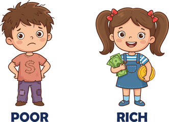 Poor and rich children comparison illustrating social inequality wealth gap poverty versus prosperity education finance cartoon vector illustration concept