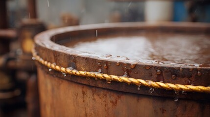 Fototapeta premium Close up view of a rusty weathered barrel collecting rainwater featuring dripping water droplets and a textured yellow rope around its rim