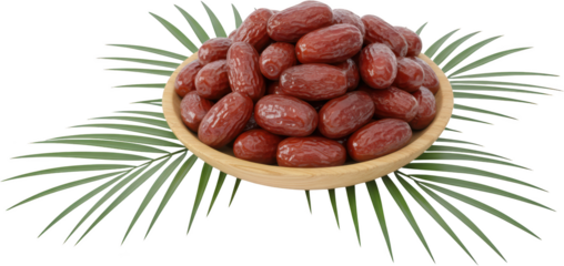 A plentiful pile of glossy reddish brown Chinese red dates resting in a light wooden bowl accented with vibrant green palm fronds Fruit Healthy Sweet Snack