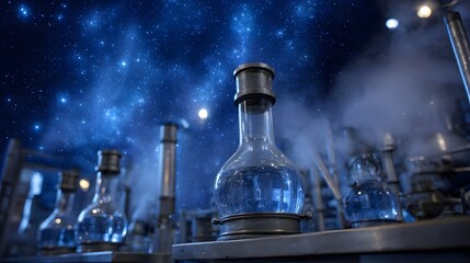 Glass flasks with glowing blue liquid undergoing distillation under a vibrant starry night sky in a scientific laboratory setting