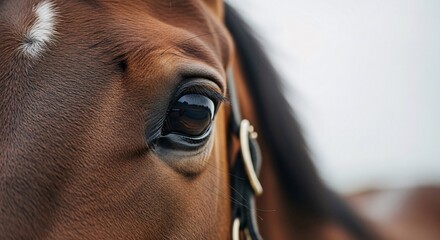 Close-up of a beautiful brown horse's eye with a bridle in a serene outdoor setting perfect for equestrian sports and animal care advertisements