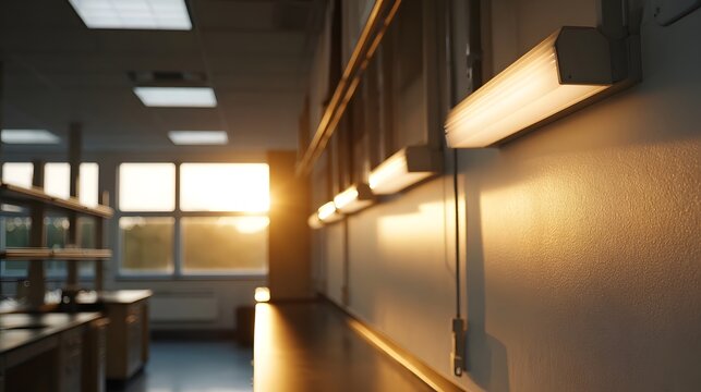 Bright fluorescent lights illuminate a laboratory at golden hour with sunlight streaming through