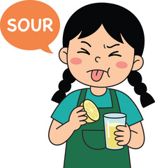 Sour taste expression illustration, cute child reacting to lemon juice, facial emotion concept, food flavor education, kids learning emotions