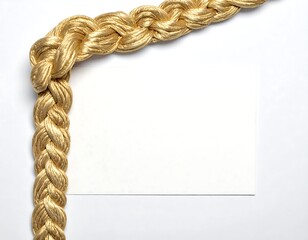 Braided golden rope frames a blank white card, top left corner view on a white backdrop