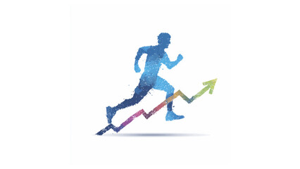 Fototapeta premium A runner silhouette in blue running on a colorful upward trending arrow on a white background art