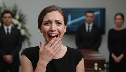 Obraz premium Emotional Young Woman Grieving and Crying at a Funeral Service with a Coffin and Mourners Behind Her