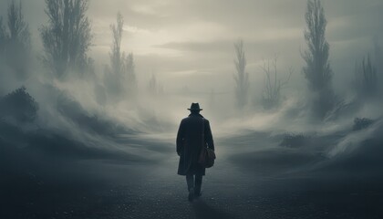 Mysterious Man in Coat and Fedora Walking Through a Dense Foggy and Haunting Landscape