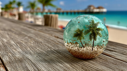 Decorative globe with palm trees placed on wooden surface near beach and ocean under clear sky