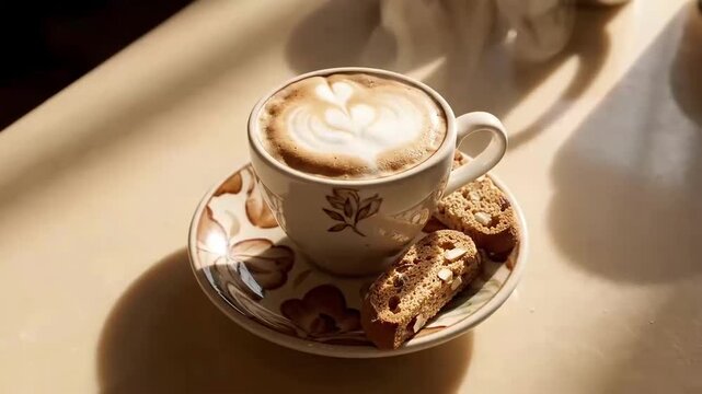 Delicate Morning Cappuccino Presentation With Biscotti And Natural Lighting Details Sequence