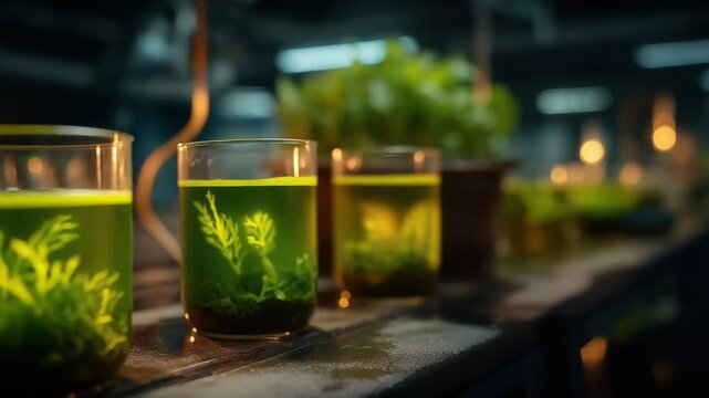 Vibrant green plants growing in laboratory glassware on wet surface