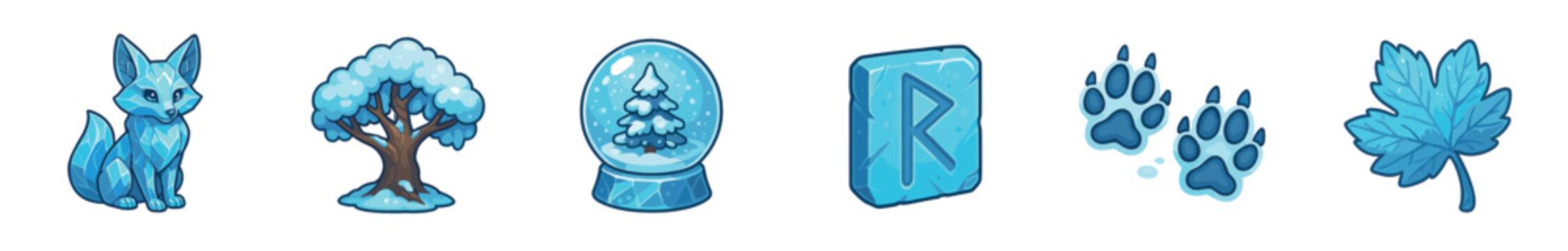 Set of blue winter-themed cartoon icons featuring an ice fox, snowy tree, snow globe, rune, paw prints, and a frozen leaf for a fantasy game asset collection
