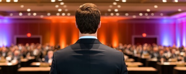 ceo, corporate meeting, business, strategy, revenue, growth, Dynamic CEO Addressing Corporate Forum in Atmospheric Lighting with Brand Colors