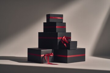 black friday gift boxes stacked with red ribbon accents under directional light, minimal luxury product display with empty space, concept of retail promotion and premium branding