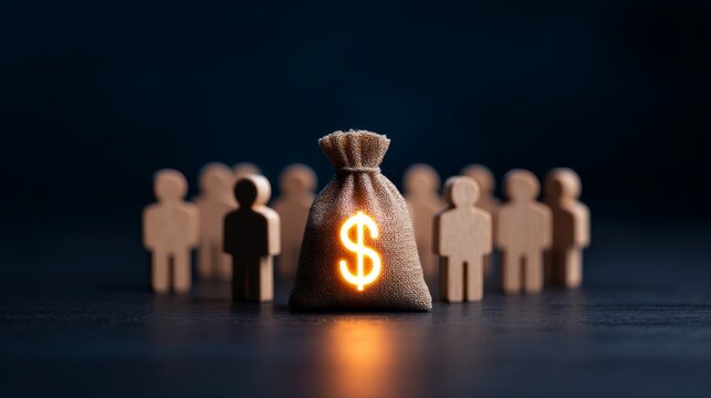 Compensation payments, Providing money paying salaries and grants, Team Performance Bonus - Glowing Dollar Symbol with Wooden People Representing Financial Compensation Concept
