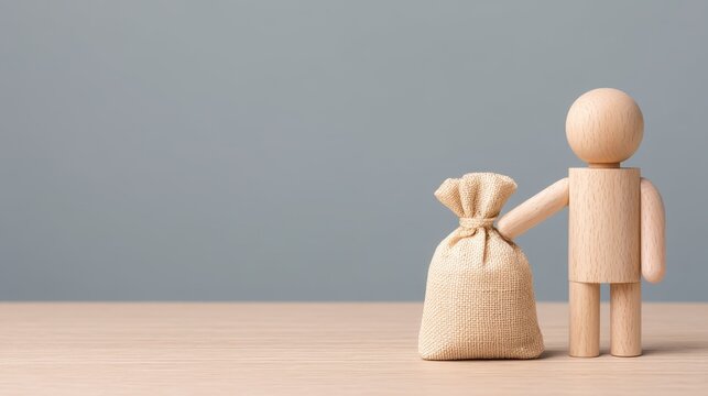 Compensation payments, Providing money paying salaries and grants, Opportunity and Assistance Concept: Wooden Mannequin Presenting Money Bag to Small Figure with Copy Space for Text