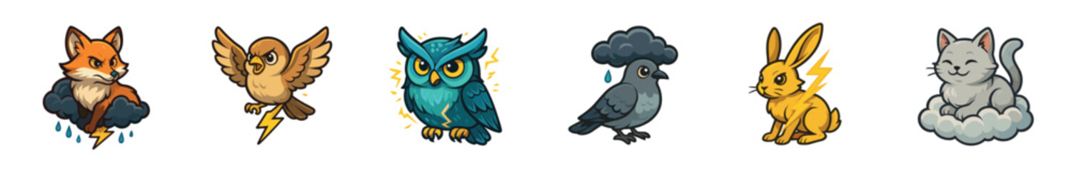 Obraz premium Set of six cartoon animal characters representing weather concepts like storms, lightning, and rain, including a fox, owl, rabbit, cat, and birds in a cute sticker style
