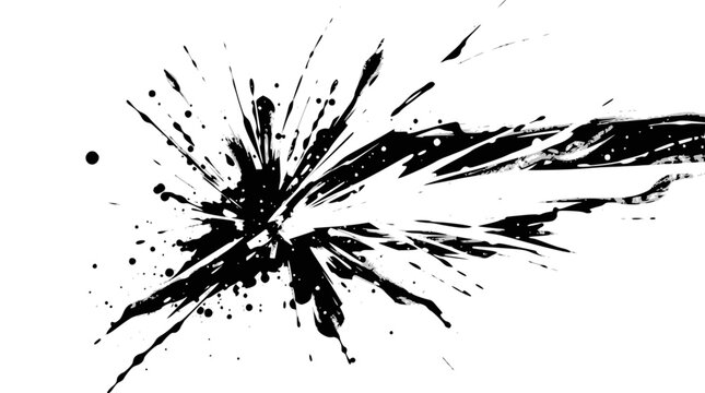Dynamic black ink splash exploding outwards on a clean white background, creating an abstract grunge effect.