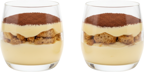 Two clear glass tumblers display individual portions of layered tiramisu dessert topped with dark cocoa powder 153 characters Cream Italian Sweet Cake
